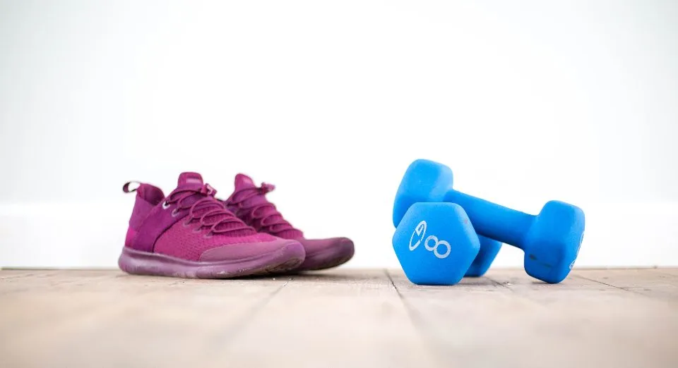 A pair of trainers and some small dumbbells on the floor at home