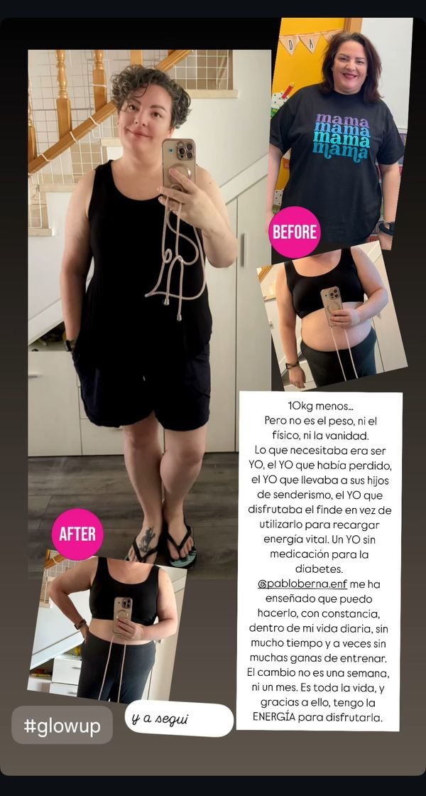 Historia de Instagram de Bethany con su antes y su después. Escribe: «10 kg menos… Pero no es el peso, ni el físico, ni la vanidad. Lo que necesitaba era ser YO, el YO que había perdido […]. Un YO sin medicación para la Diabetes.»