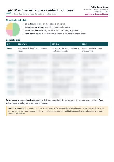La primera hoja del menú semanal, en PDF